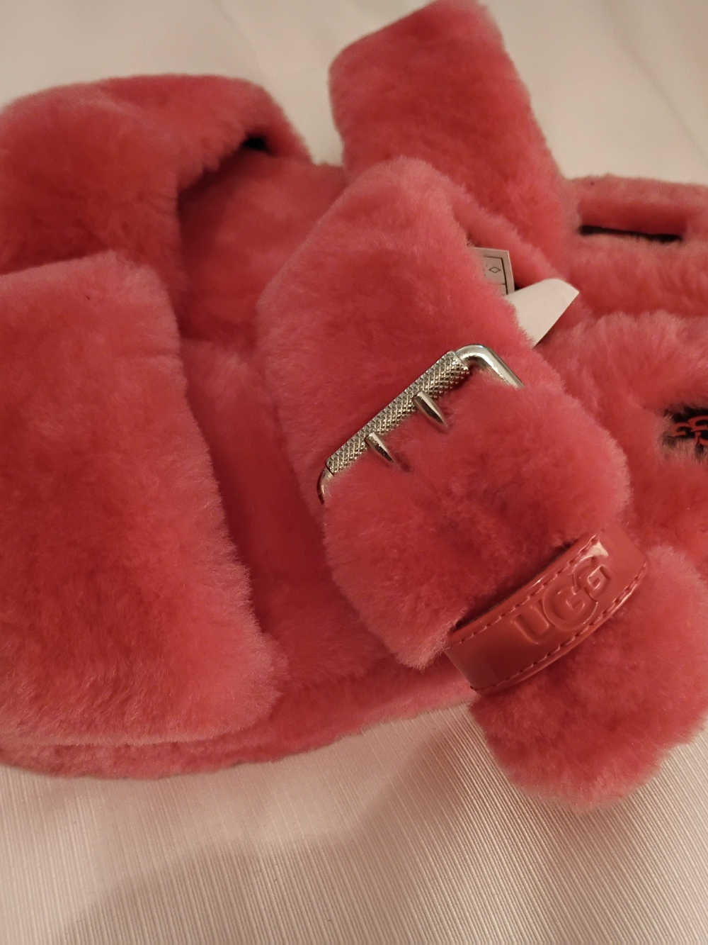 UGG Coral Pink Shearling Slide Slippers with Metal Bar Detail